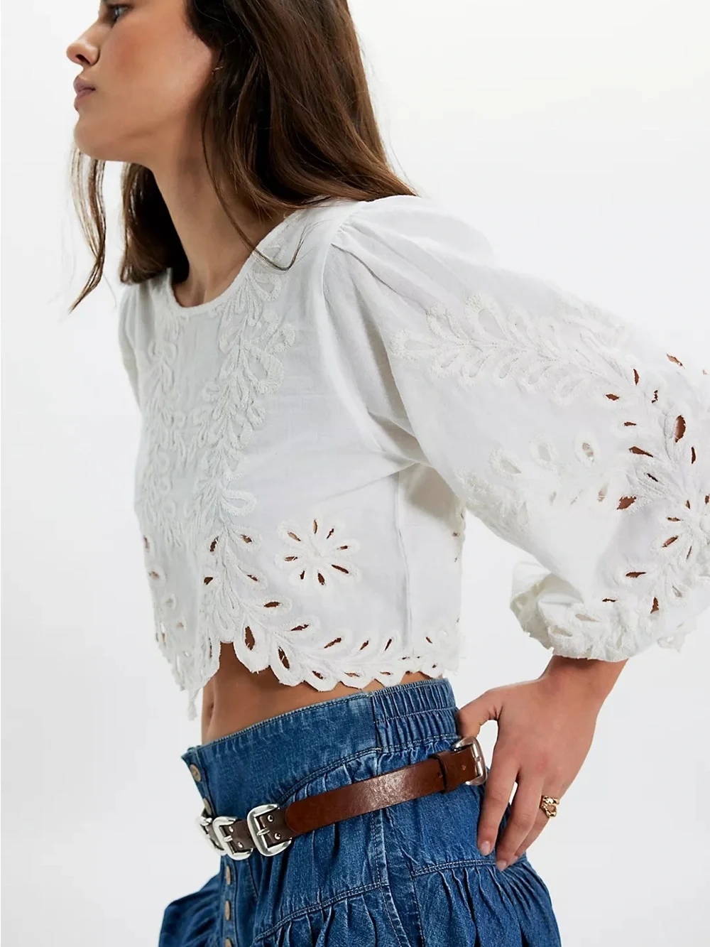 Free People Oleander White Embroidered Cropped Peasant Top
